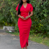 Women Pink Bodycon Long Dresses V Neck Short Sleeves Church