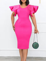Women Bodycon Dress O Neck Beading Ruffles Sleeves High Waist African Party Fashion