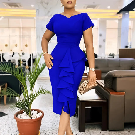 Elegant Church Dresses for Women Bodycon V Neck Ruffles Short Sleeves