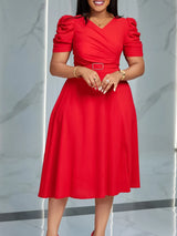 Women Pleated A Line Dresses V Neck Short Sleeves Classy Elegant Office