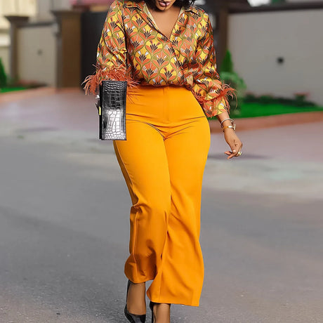 Elegant Two Pieces Set Printed Blouse Tops Long Sleeves with Feather High Waist Pants
