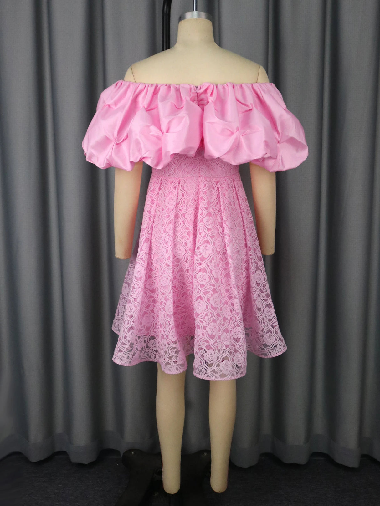 Women's Pink Off-Shoulder Dress Ruffled Puff Sleeves Floral Lace