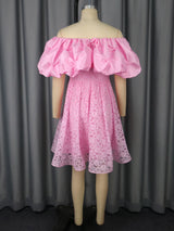 Women's Pink Off-Shoulder Dress Ruffled Puff Sleeves Floral Lace