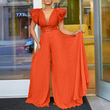 Women Wide Leg Jumpsuits Pleated High Waist V Neck Ruffles African Female One Piece Rompers
