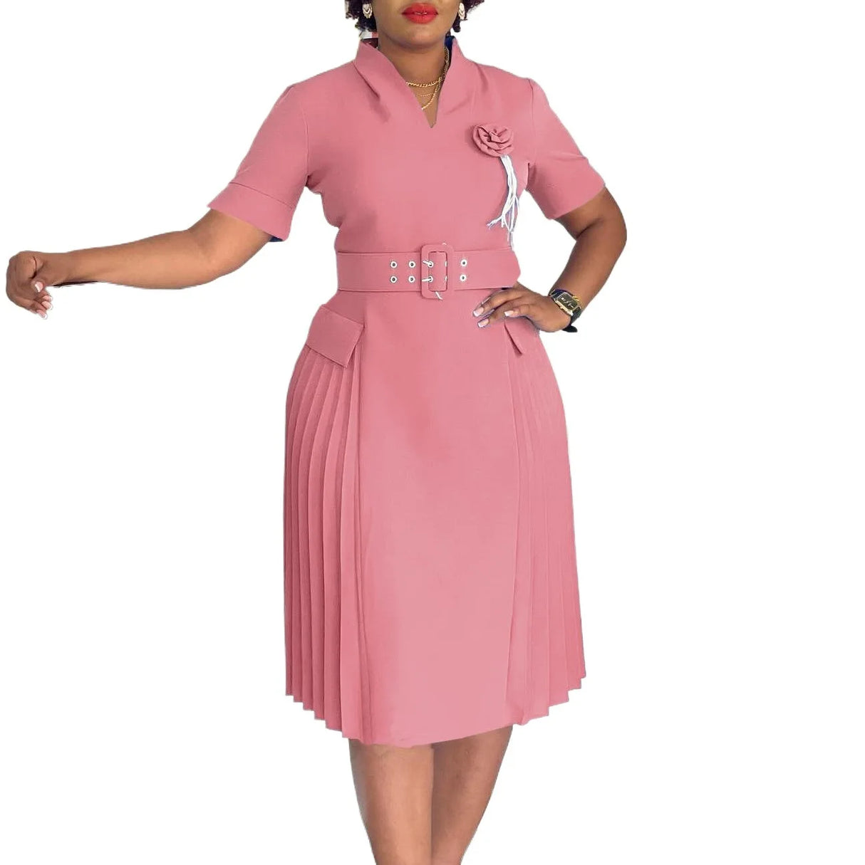 AOMEIDRESS Elegant Dresses V Neck Short Sleeves Pleated Belt 3D Flowers