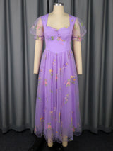 Women's Purple Floral Embroidered Organza Dress Sweetheart Neck Puff Short Sleeves