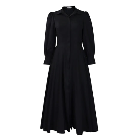 Elegant Shirt Dresses Women Turn Down Collar Long Puff Sleeve