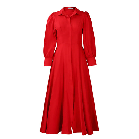Elegant Shirt Dresses Women Turn Down Collar Long Puff Sleeve