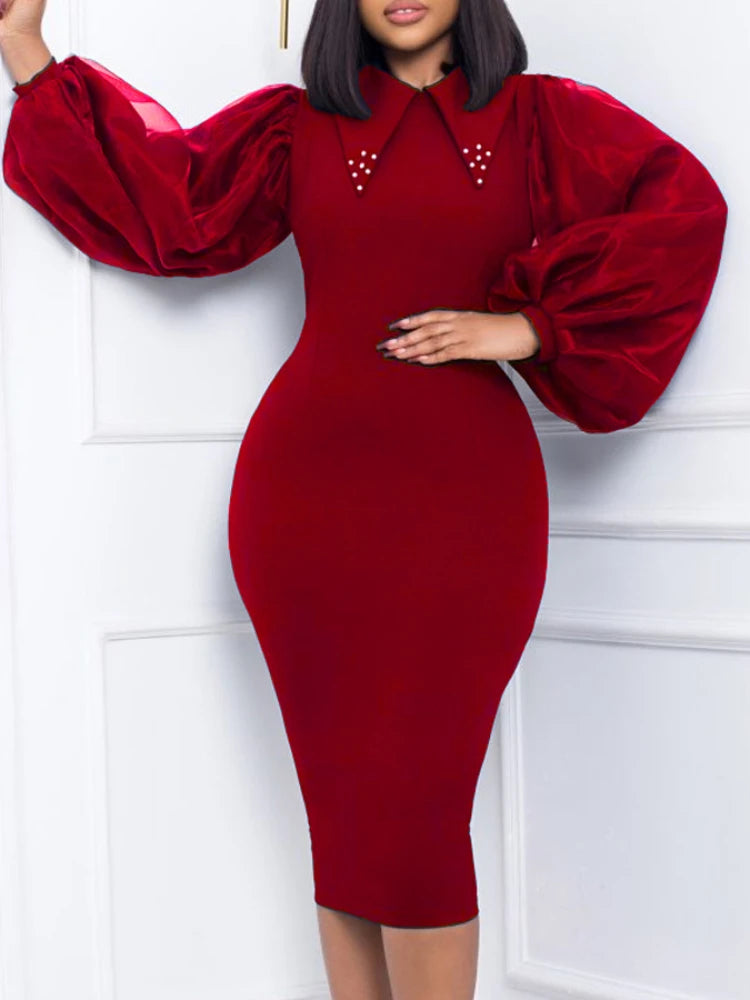 Women Long Lantern Sleeves Dress Turn Down Collar Autumn Fashion