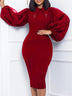 Women Long Lantern Sleeves Dress Turn Down Collar Autumn Fashion