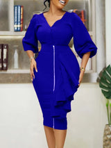 Women Two Pieces Set V Neck Button Up Lantern Sleeves High Waist Skirt Zipper Up Ruffles