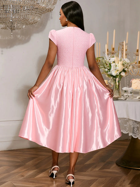 Pink Satin Midi Dress Short Sleeves Patchwork Rose Jacquard O-Neck Bow A Line