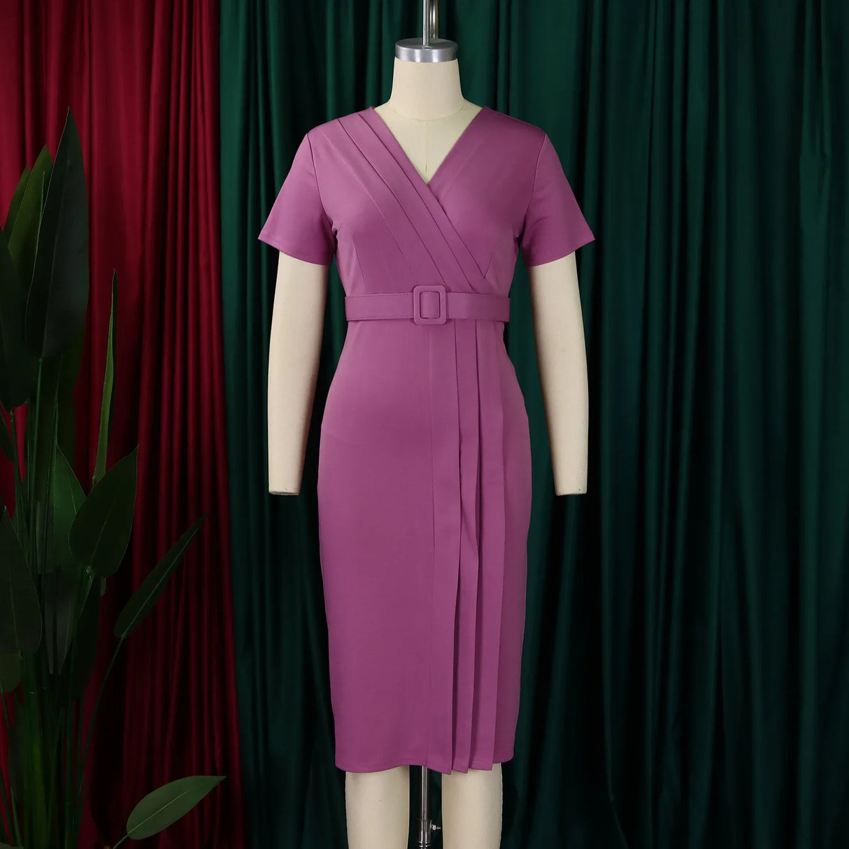 Women Elegant Bodycon Dress Short Sleeves Wrap V Neck Modest