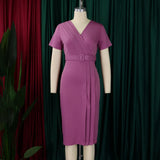 Women Elegant Bodycon Dress Short Sleeves Wrap V Neck Modest
