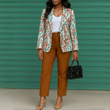 Elegant Two Piece Set Women Print Blazer High Waist Ankle-Length Pants