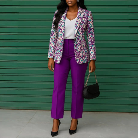 Elegant Two Piece Set Women Print Blazer High Waist Ankle-Length Pants