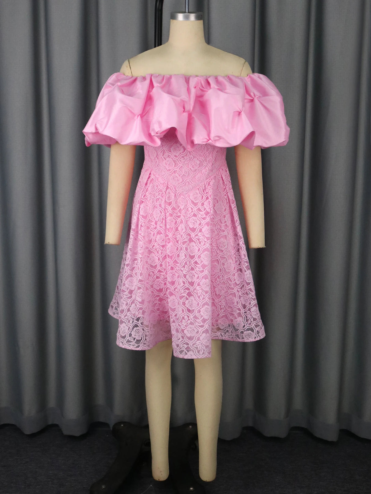 Women's Pink Off-Shoulder Dress Ruffled Puff Sleeves Floral Lace
