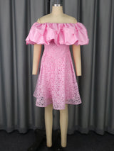 Women's Pink Off-Shoulder Dress Ruffled Puff Sleeves Floral Lace