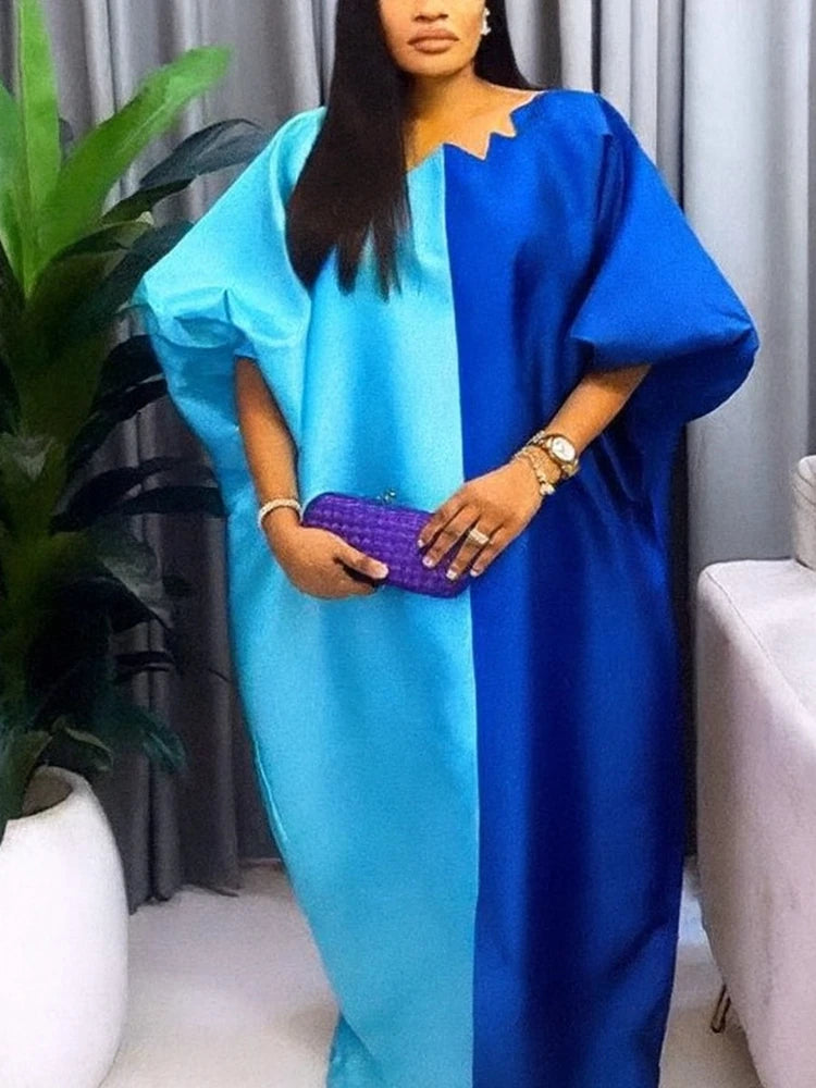 Women Shiny Bubu Kaftan Dresses for Church Color Block African Dresses