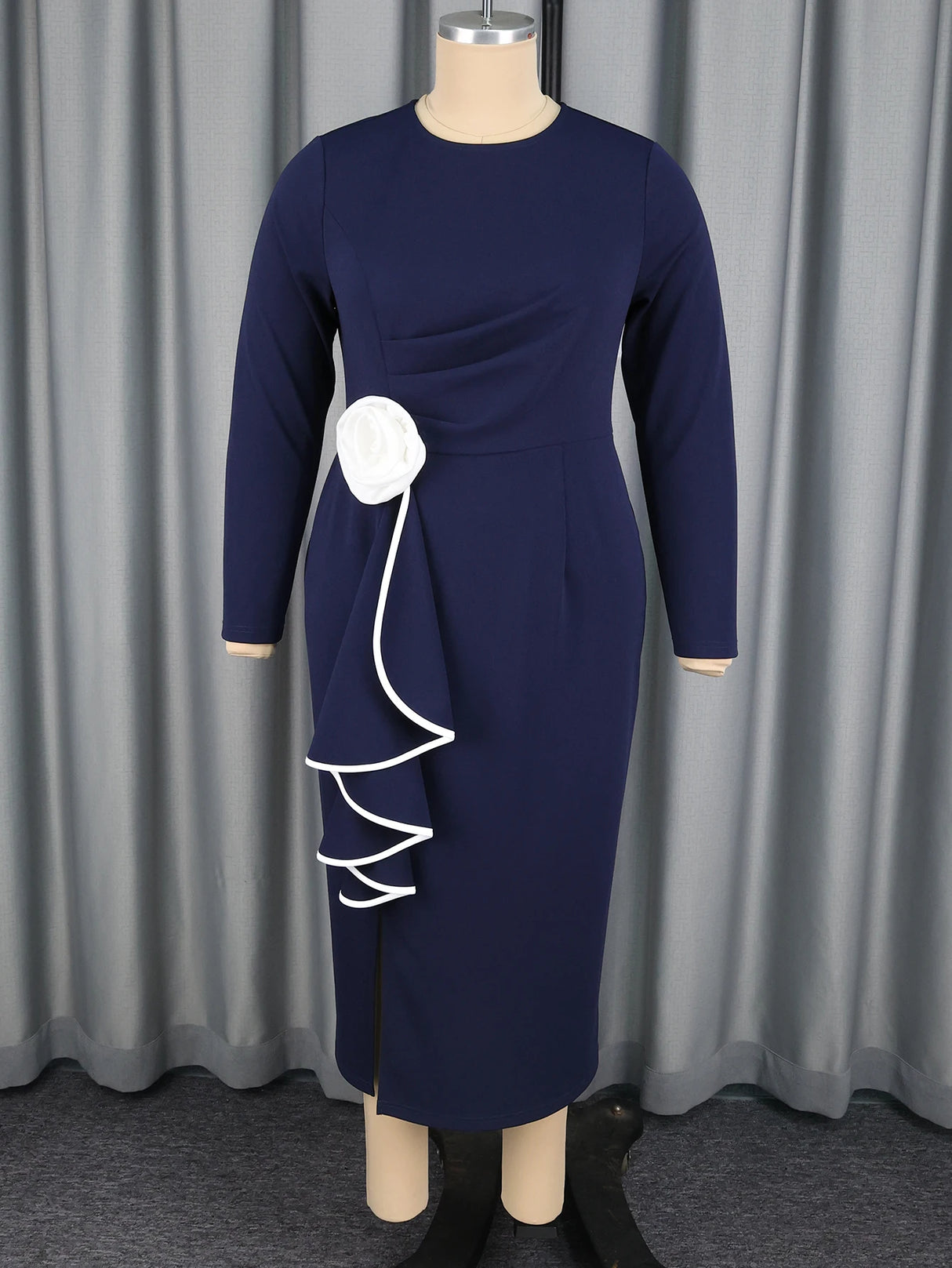 AOMEIDRESS Elegant Navy Bodycon Ruffles Church Dress with 3D Flower