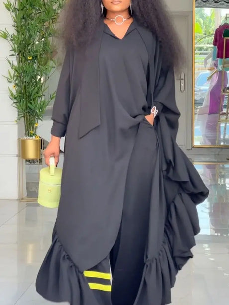 African Two Pieces Set Elegant Bubu Dresses Women High Waist Wide Leg Pants