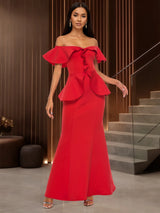 Elegant Off  Shoulder Maxi Dress with Ruffled Peplum Short Sleeves
