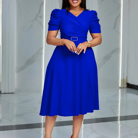 Women Pleated A Line Dresses V Neck Short Sleeves Classy Elegant Office