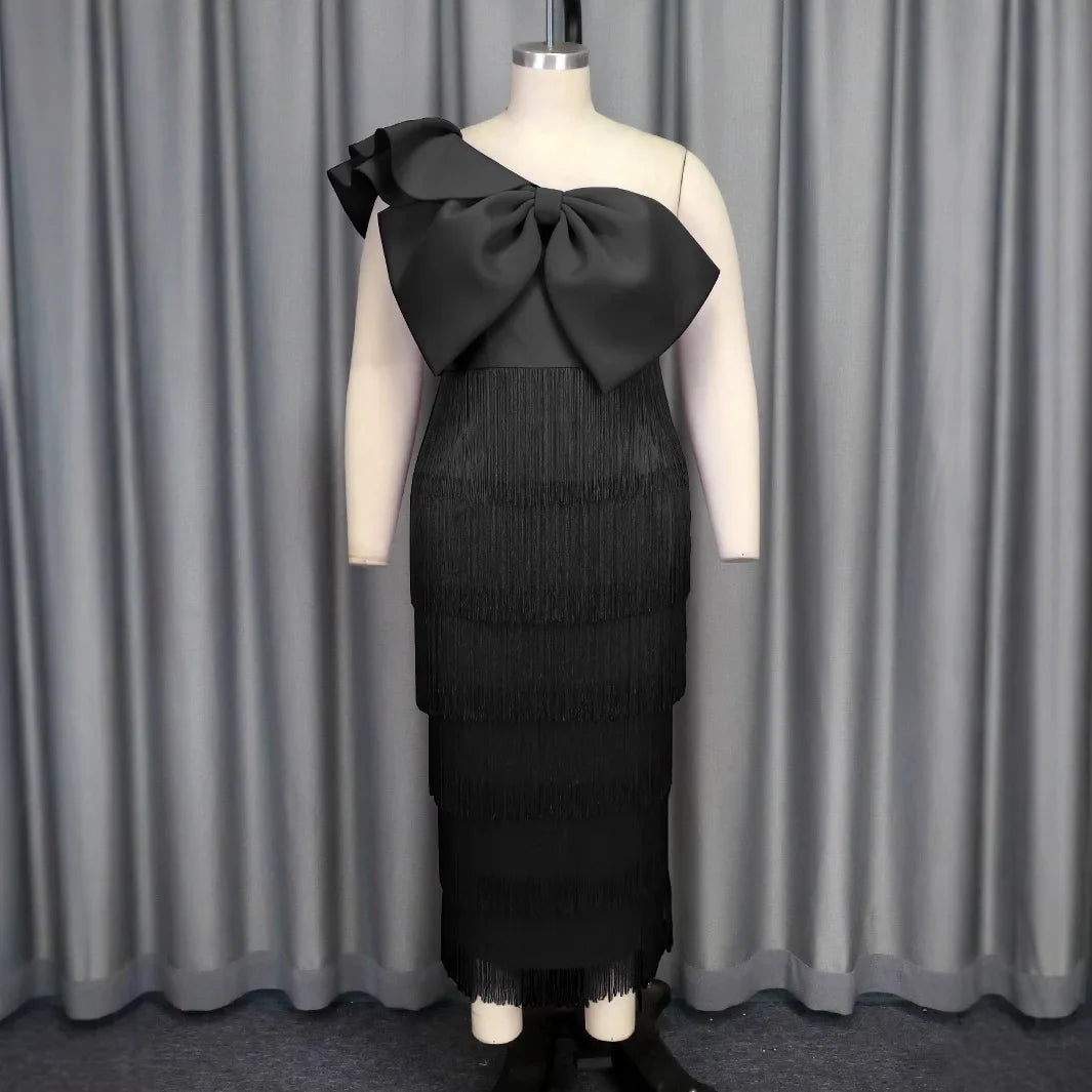 AOMEIDRESS One Shoulder Tassel Dresses Sexy Big Bow Ruffles Wedding Guest Occassion Black / S