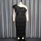 AOMEIDRESS One Shoulder Tassel Dresses Sexy Big Bow Ruffles Wedding Guest Occassion Black / S
