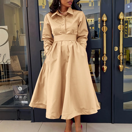 Women Autumn New Item Wrinkled Lapel Long Sleeved A-line Dress