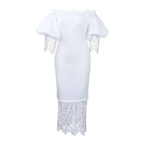 Women Off Shoulder Long Dress Hollow Out Lace High Waisted Bubble Sleeve