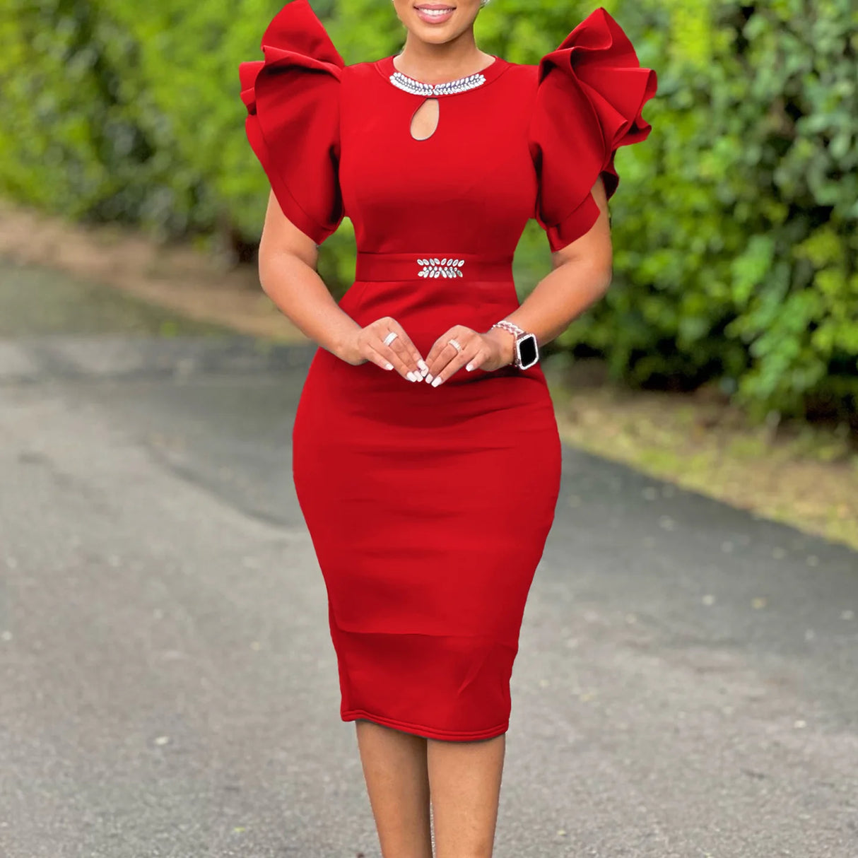 Women Bodycon Party Dress Ruffles Sleeves Hollow Out Party