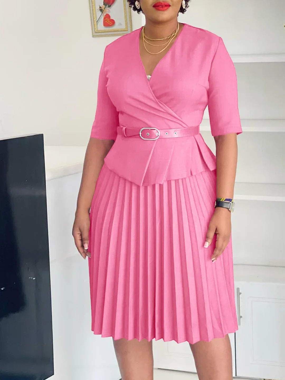 Elegant Church Dresses for Women V Neck Peplum Pleated Waist Belt