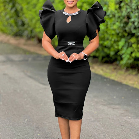 Women Bodycon Party Dress Ruffles Sleeves Hollow Out Party