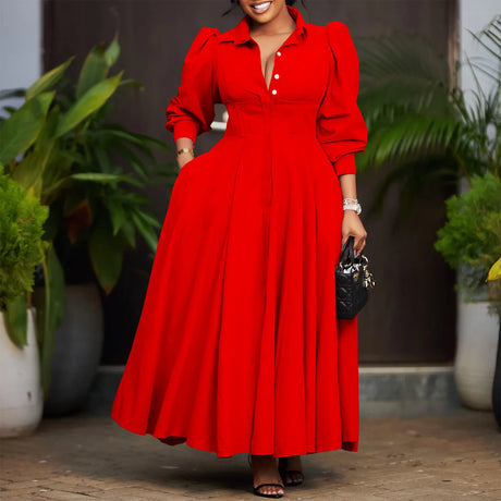 Elegant Shirt Dresses Women Turn Down Collar Long Puff Sleeve