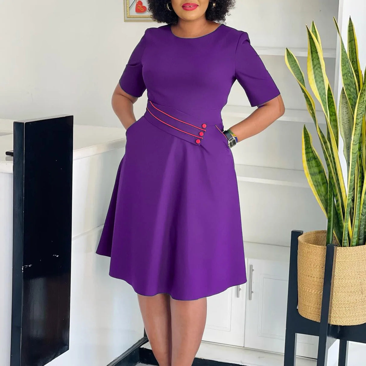 AOMEIDRESS Elegant Pleated A Line Dress O Neck Short Sleeve Buttons