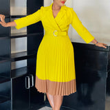 AOMEIDRESS Elegant Pleated Dress Notched Collar Wrist Sleeve Color Block