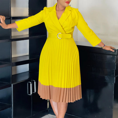 AOMEIDRESS Elegant Pleated Dress Notched Collar Wrist Sleeve Color Block