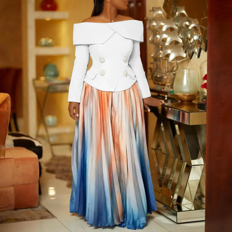Women's Two Piece Set Elegant Off Shoulder Suit Tops Printed Loose Long Pleated Skirt
