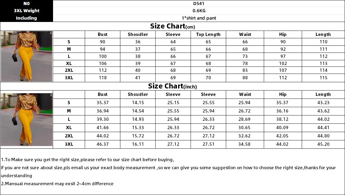 Elegant Two Pieces Set Printed Blouse Tops Long Sleeves with Feather High Waist Pants