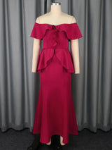 Elegant Off  Shoulder Maxi Dress with Ruffled Peplum Short Sleeves