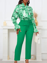Chic Elegant Women Two Pieces Set  Lace Up Bow Long Sleeve Printed Blouse Pants