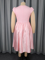 Pink Satin Midi Dress Short Sleeves Patchwork Rose Jacquard O-Neck Bow A Line