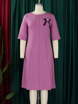 Elegant Women A Line Dress O Neck Short Sleeves Front Pleats with Bow Brooch