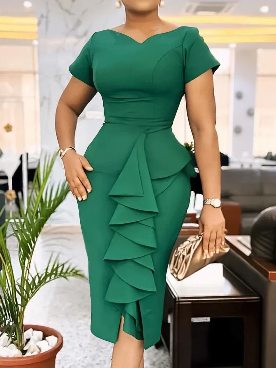 Elegant Church Dresses for Women Bodycon V Neck Ruffles Short Sleeves