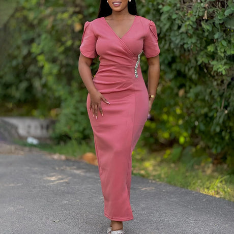 Women Pink Bodycon Long Dresses V Neck Short Sleeves Church