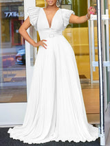 Women Wide Leg Jumpsuits Pleated High Waist V Neck Ruffles African Female One Piece Rompers
