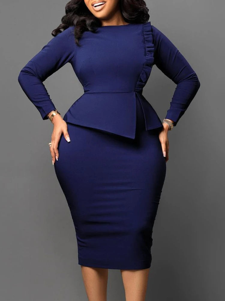 Women Elegant Dress Bodycon Long Sleeves Peplum Ruffles