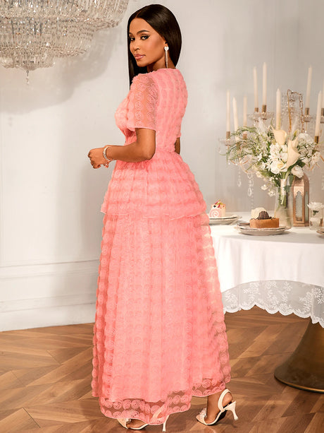 Women Pink Lace Maxi Dress Short Sleeve O-Neck Elegant Floral Pattern