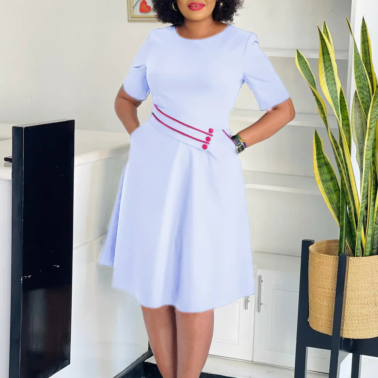 AOMEIDRESS Elegant Pleated A Line Dress O Neck Short Sleeve Buttons